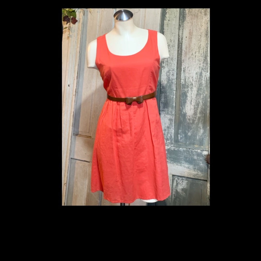 Peaches N Cream Coral Linen Dress with Bow Belt size L